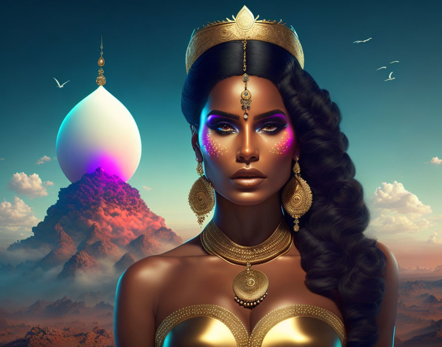 Regal woman portrait with golden jewelry against surreal sky and floating orb