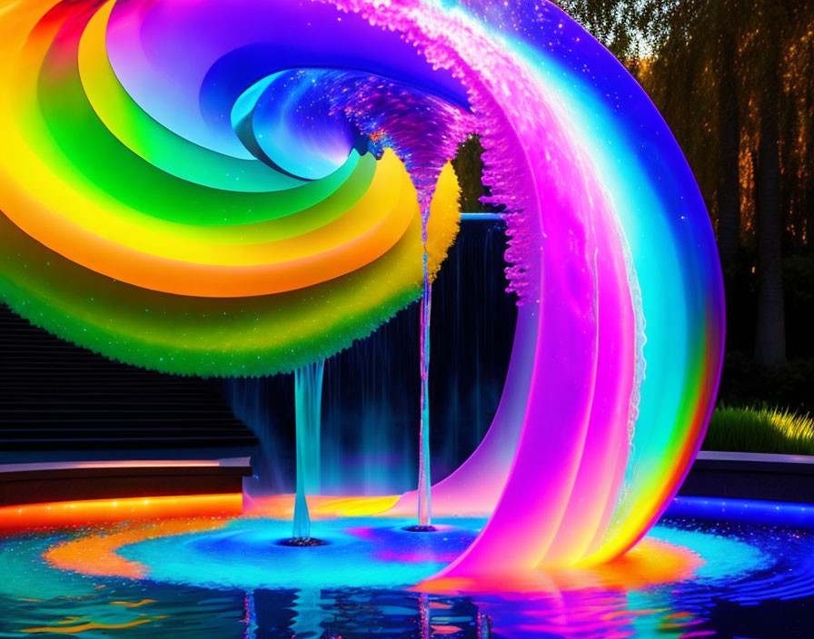 Colorful Spiral Structure with Waterfall Effect in Serene Pool at Dusk