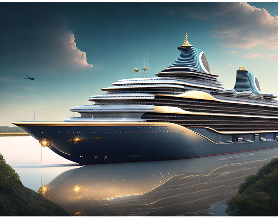 Luxury Cruise Ship with Futuristic Design and Sparkling Lights at Dusk