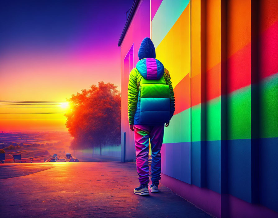 Colorful Outfit Person Posed Against Rainbow Wall at Sunset