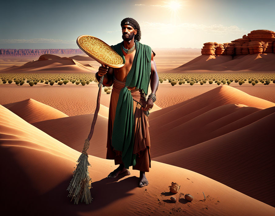 Person in traditional attire with broom and gold pan in desert dunes landscape