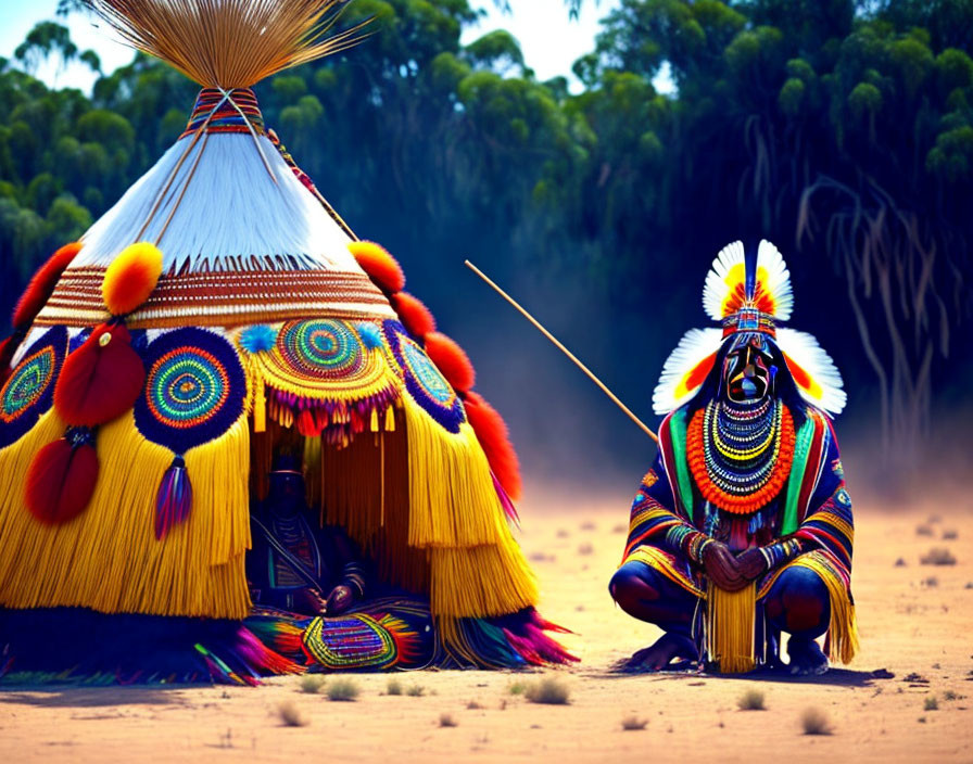 Colorful Tribal Attire Figure Outside Decorated Hut in Desert Setting