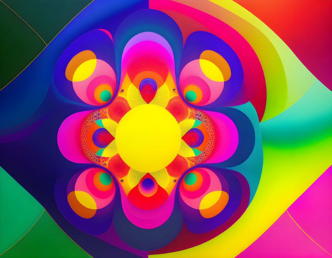 Symmetrical flower-like digital art with rainbow gradients and central yellow circle