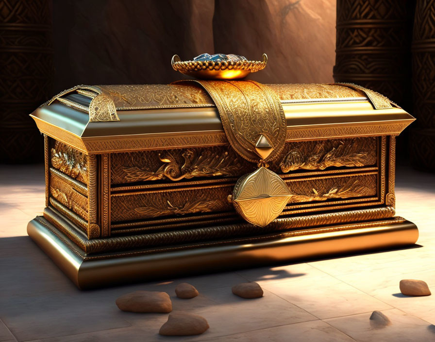 Golden chest with jeweled crown in illuminated chamber