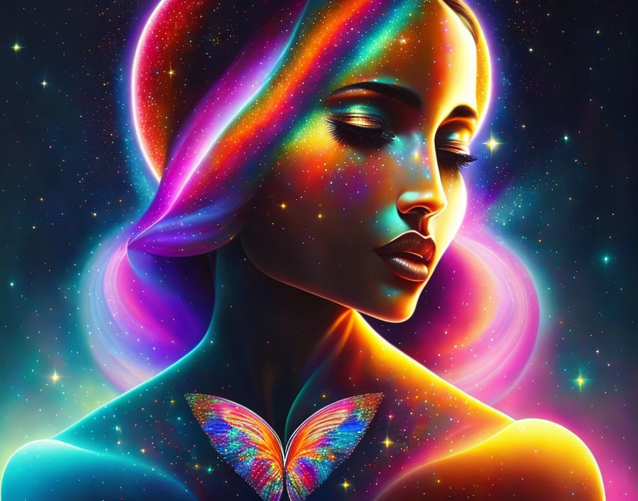 Colorful digital artwork: Woman with cosmic skin and butterfly on shoulder