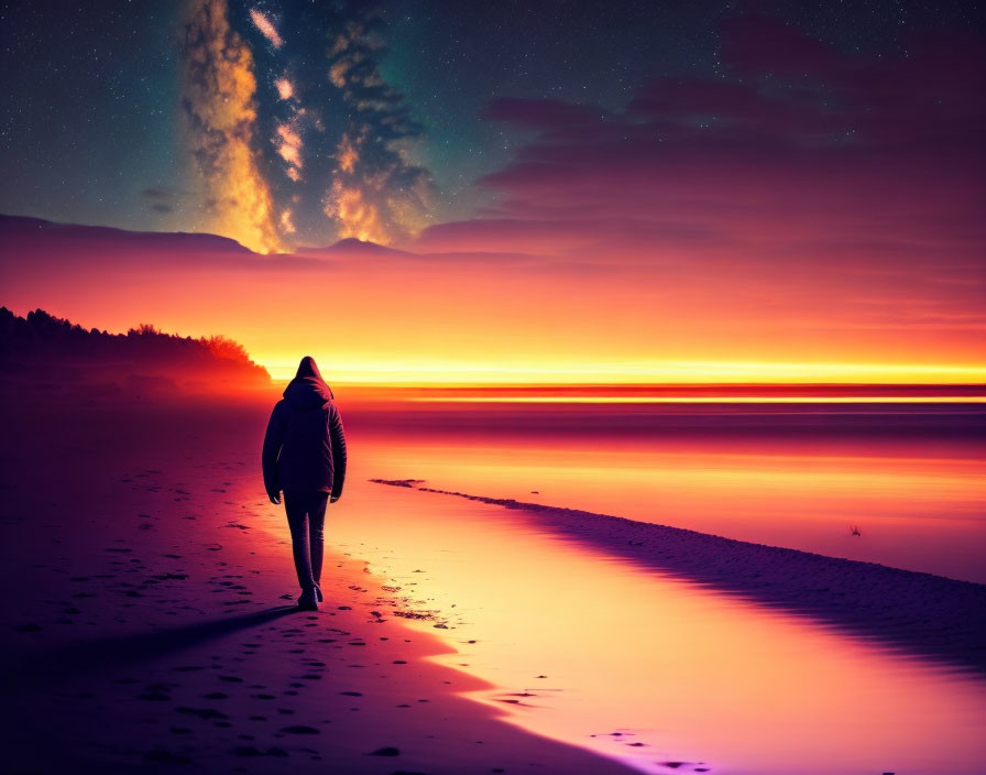 Person walking on beach at twilight with vibrant sunset and Milky Way galaxy above