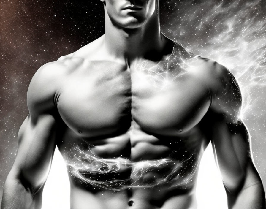 Monochrome artistic image of muscular male torso with cosmic starry effects.