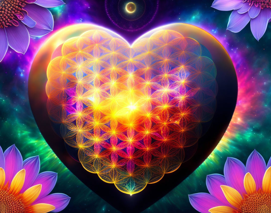 Glowing heart digital artwork with geometric patterns on cosmic background