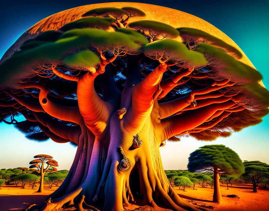 Surreal giant baobab tree in vivid colors on savannah landscape