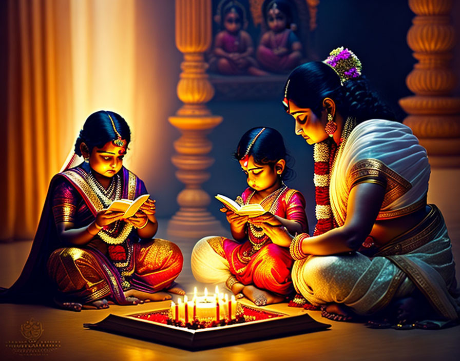 Three girls in traditional Indian attire reading books by candlelight with adult supervision