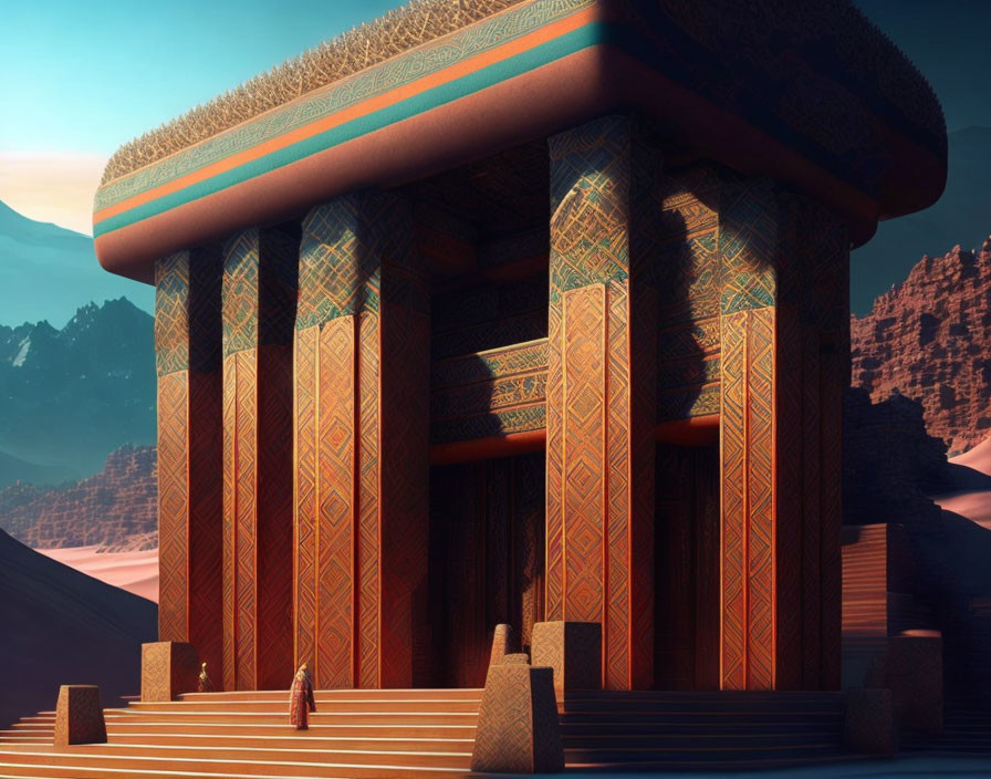 Ornate temple with patterned columns in desert landscape