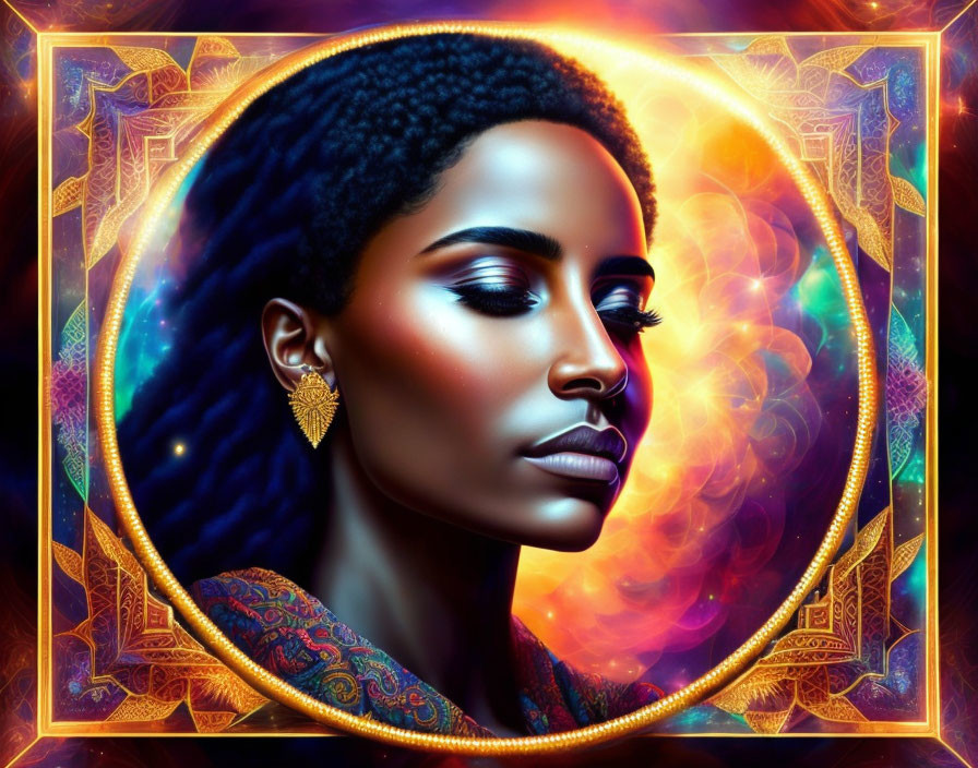 Colorful digital portrait of a woman with glowing skin and dramatic makeup, adorned with gold jewelry and surrounded