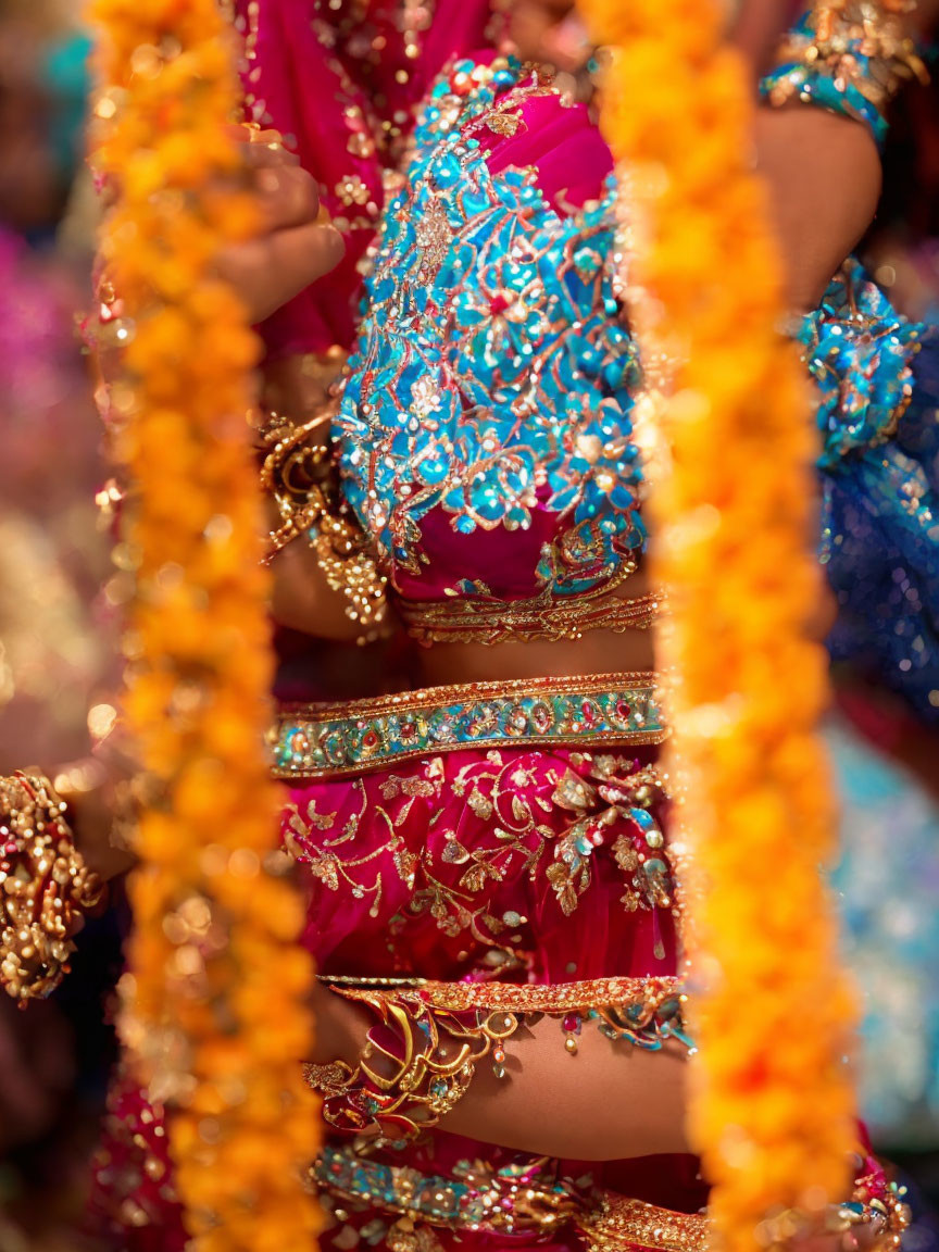 Traditional Indian Attire with Gold Embroidery Amid Orange Marigolds