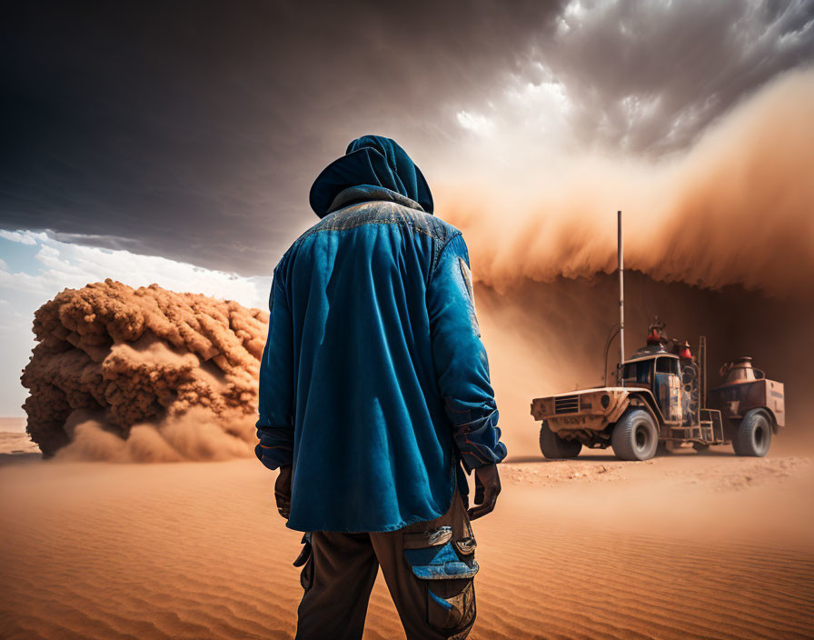 Person in Blue Jacket Observing Dust Storm in Desert