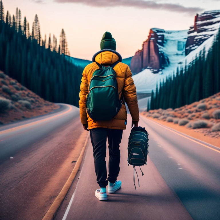 Person in Yellow Jacket Walking Down Road Towards Mountains at Sunset