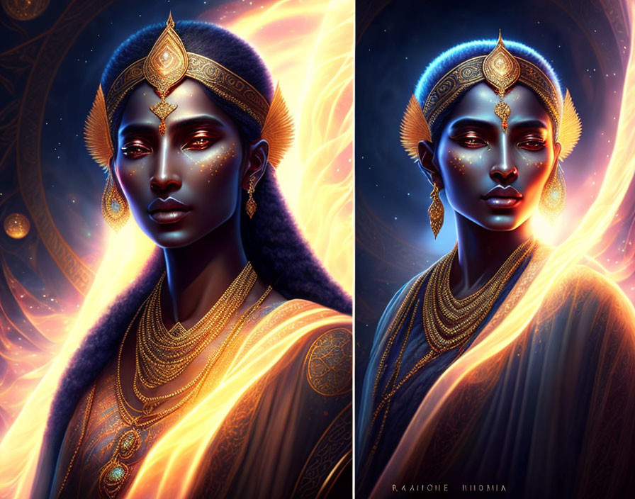 Dark-skinned woman with golden accessories in cosmic setting, two light intensity variations