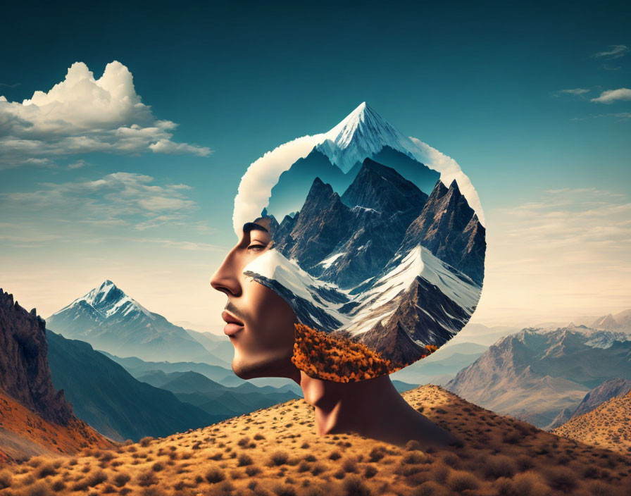 Person's side profile with mountain peak inside head against clear sky and distant mountains