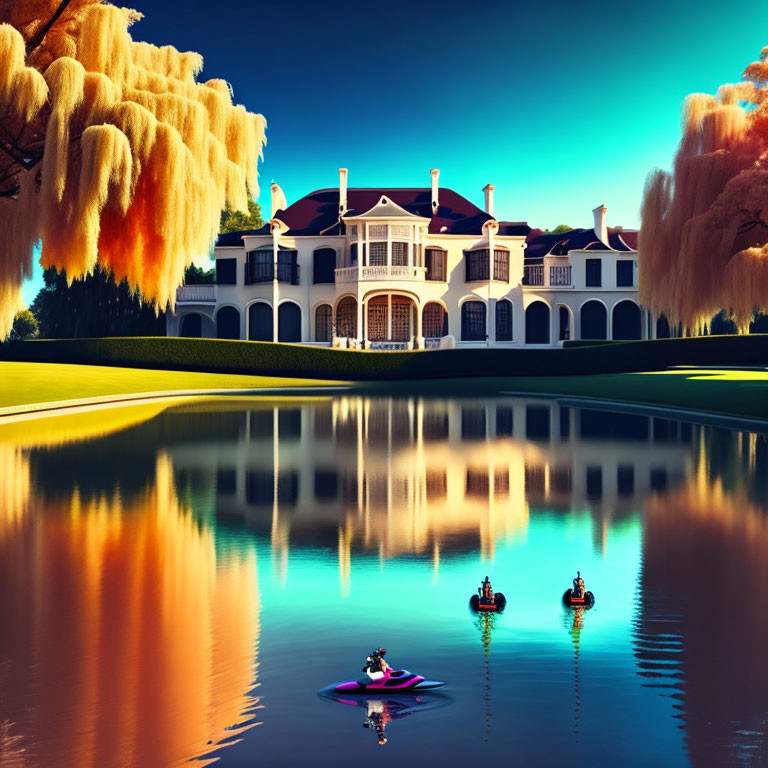 Grand white mansion with pillars & balconies reflected in tranquil pond with kayakers at dusk, colorful trees