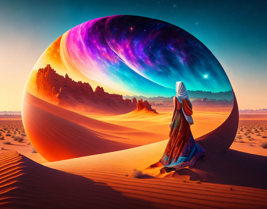 Person in Colorful Robes Contemplating Cosmic Portal in Desert