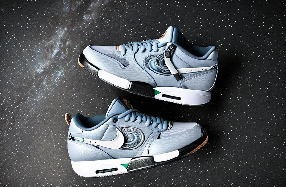 Light Blue and Gray Sneakers with Black Accents on White Sole, Floating on Cosmic Background