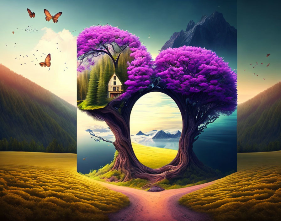 Surreal landscape with tree-shaped doorway, purple foliage, butterflies, mountains, and lake.