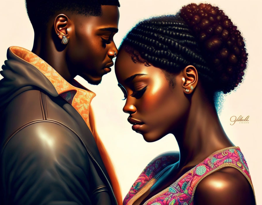 Illustrated image of intimate moment between man and woman with African features and stylish attire