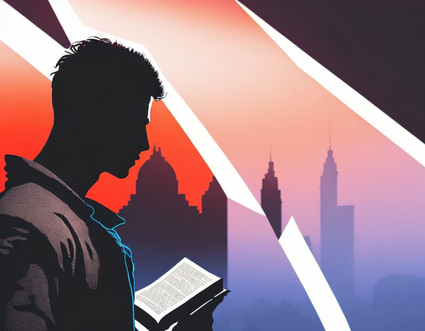 Person reading book against city skyline with colorful rays.