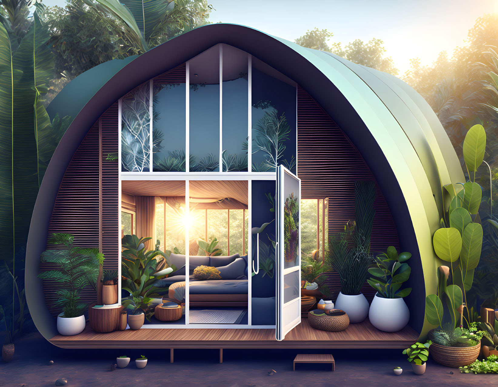 Curved Eco-Friendly Tiny House Surrounded by Greenery