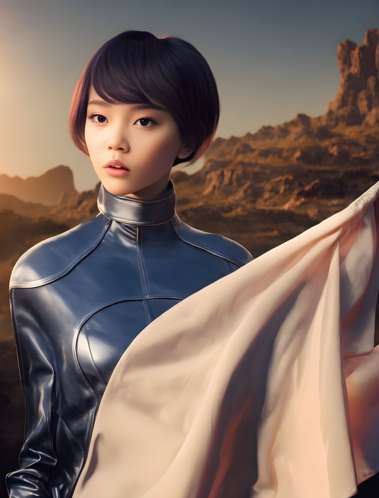 Stylized illustration of woman with bob haircut in blue outfit against desert backdrop