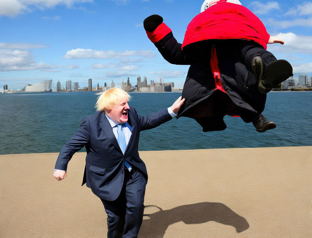 Blonde man in suit reacts to playful character against city backdrop