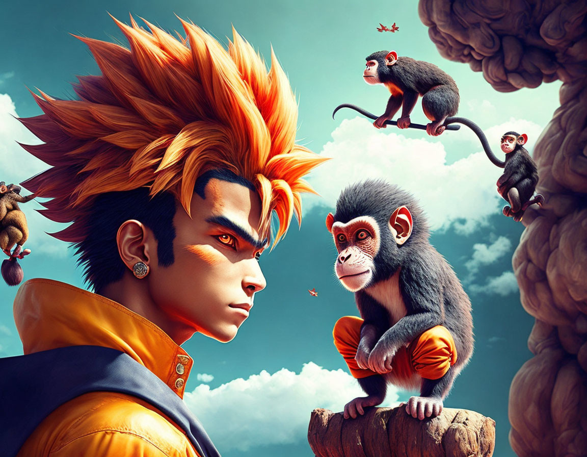 Spiky Orange-Haired Character with Monkeys in Fantasy Sky