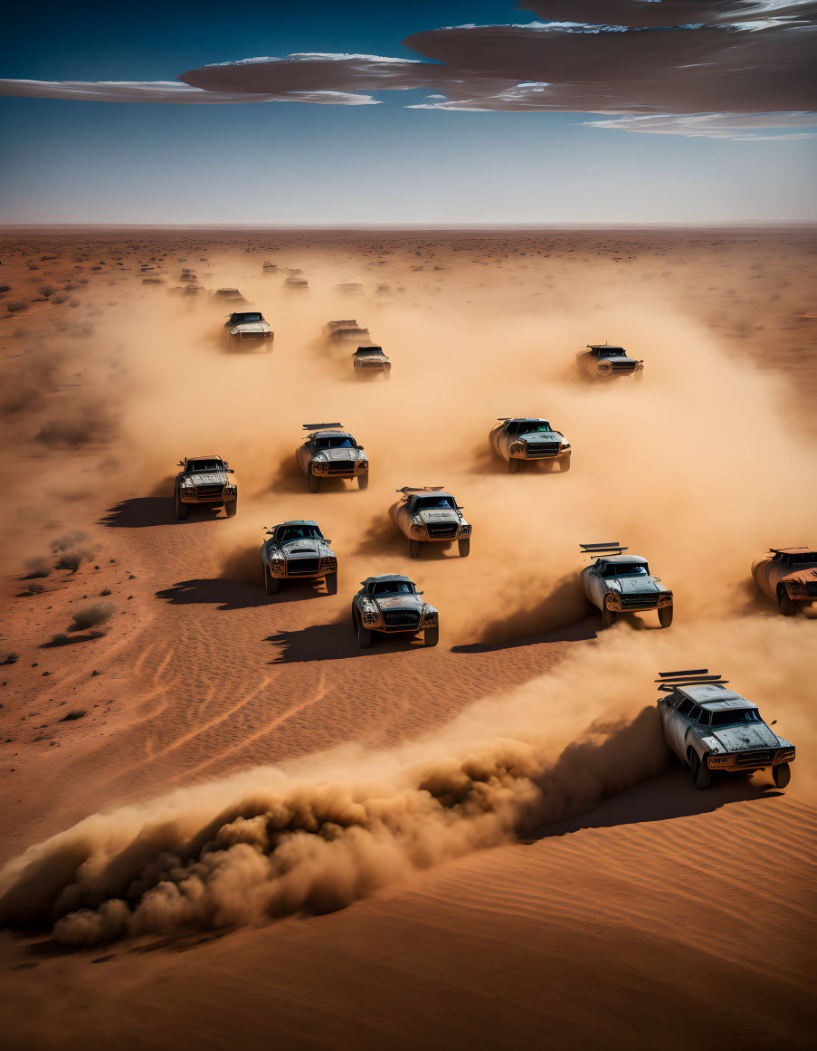 4x4 vehicles in convoy creating large dust trail in desert landscape