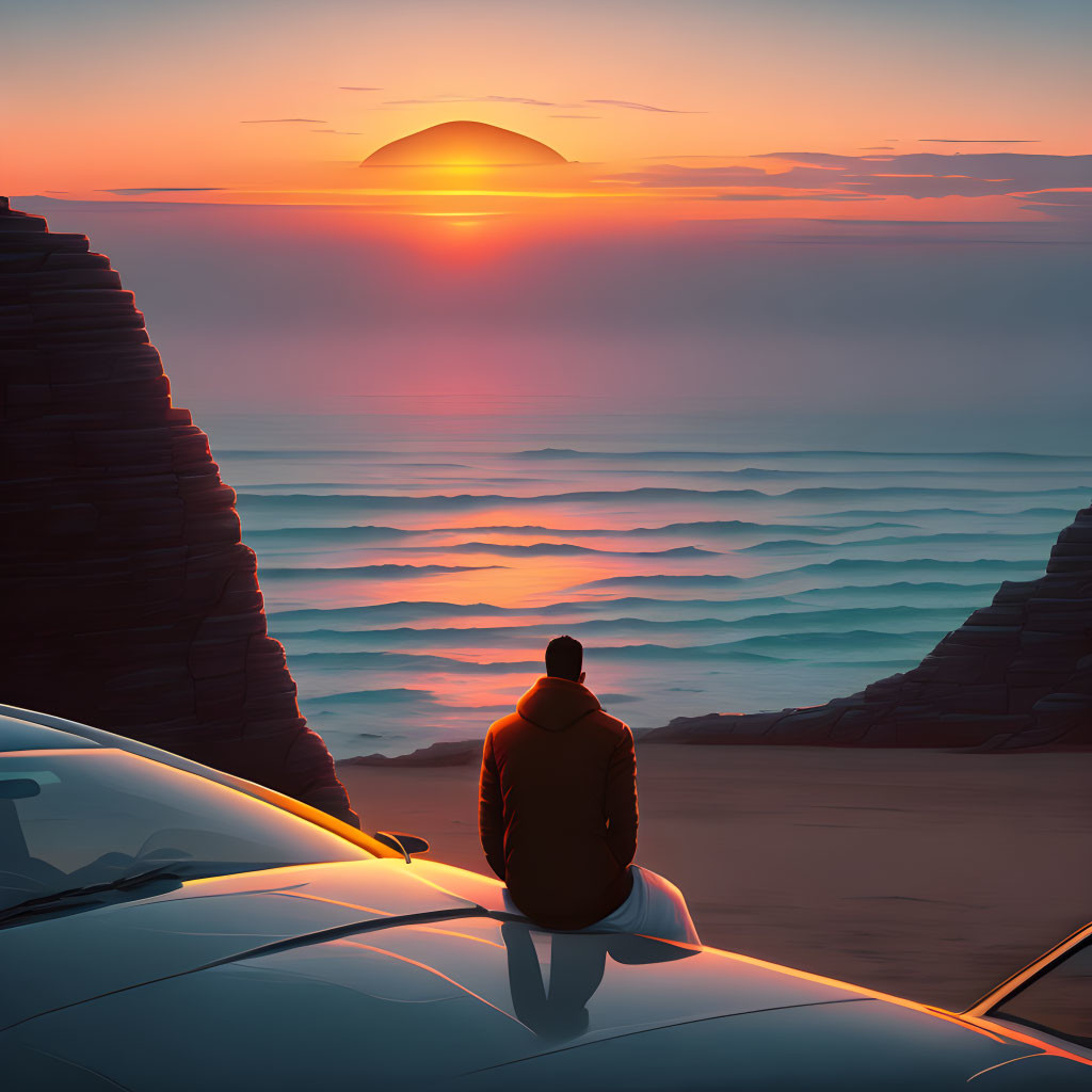 Person in jacket watching sunset over layered ocean and cliffs.