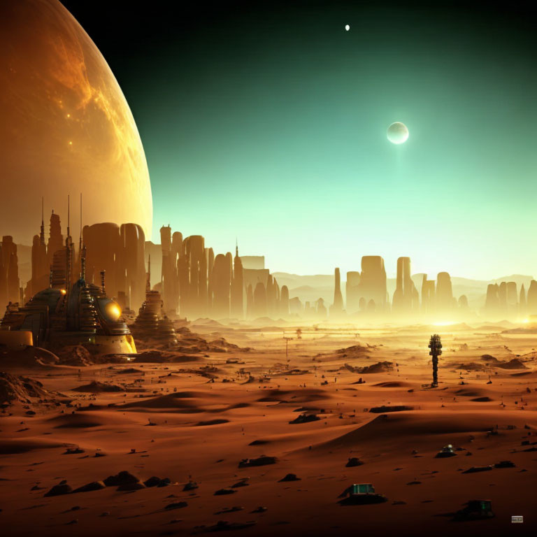 Futuristic desert landscape with city, rock formations, and celestial bodies