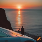 Person in jacket watching sunset over layered ocean and cliffs.