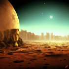 Futuristic desert landscape with city, rock formations, and celestial bodies