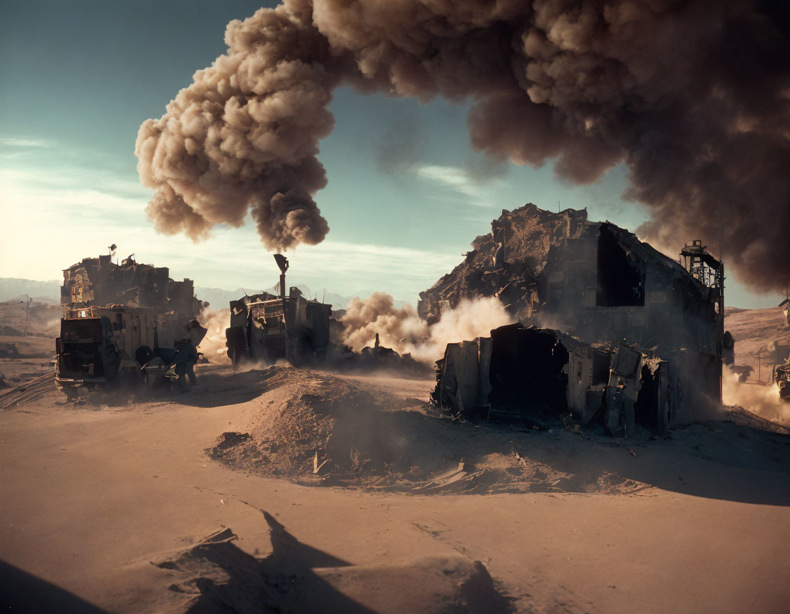 Dystopian desert landscape with destroyed vehicles and buildings