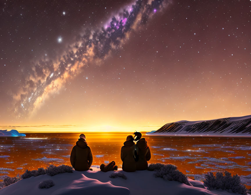 Two individuals and a dog sit on snow, gazing at galaxy above sunset horizon.