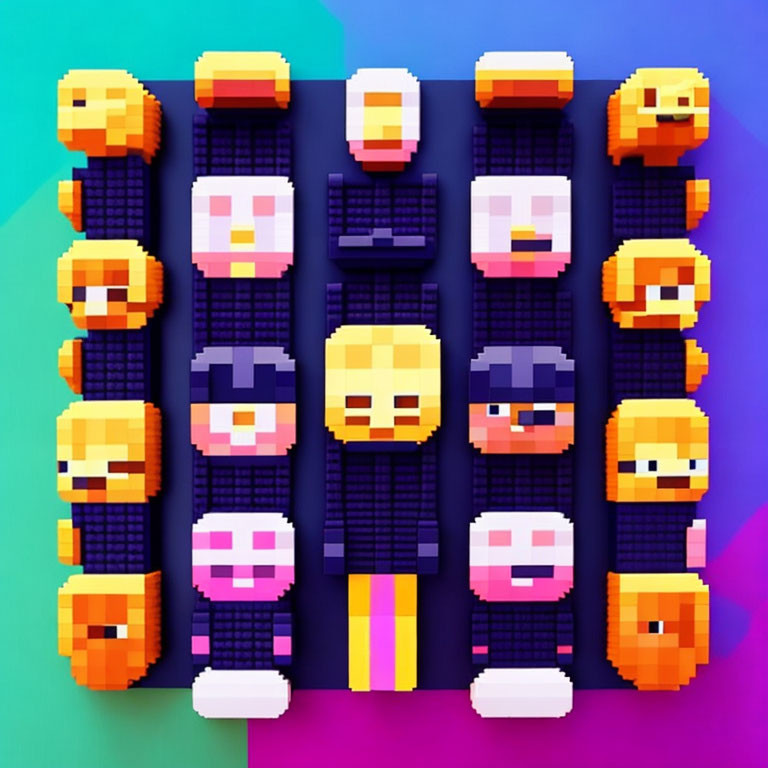 Pixelated Emoji Faces on Colorful Gradient Background