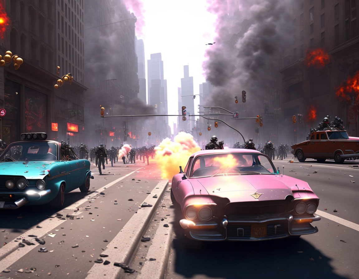 Vintage cars, explosions, and chaos on city street scene.