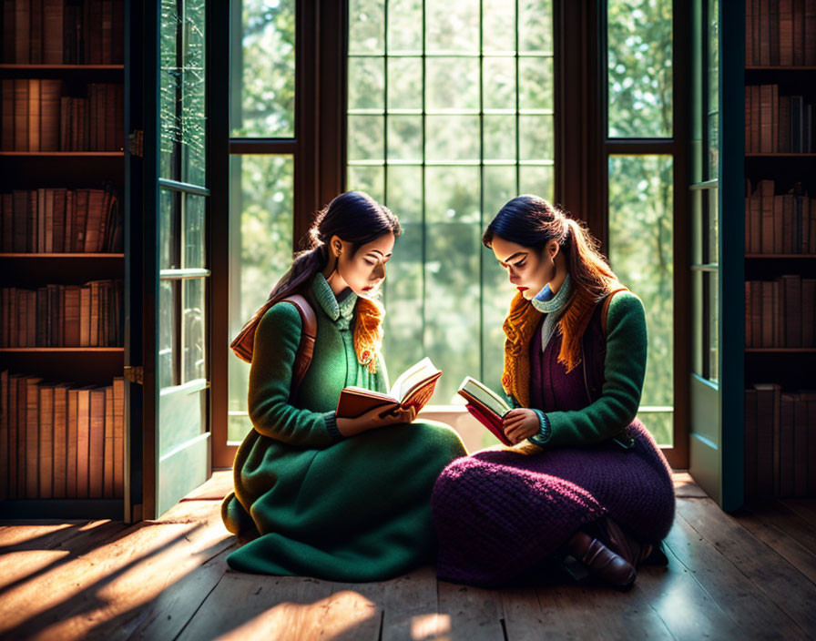 Two people reading books by a sunlit window in a cozy room.