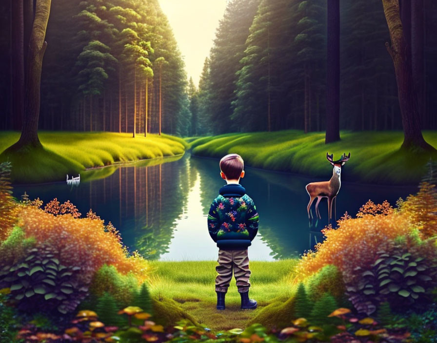 Child in serene forest with river, deer, and colorful flora.