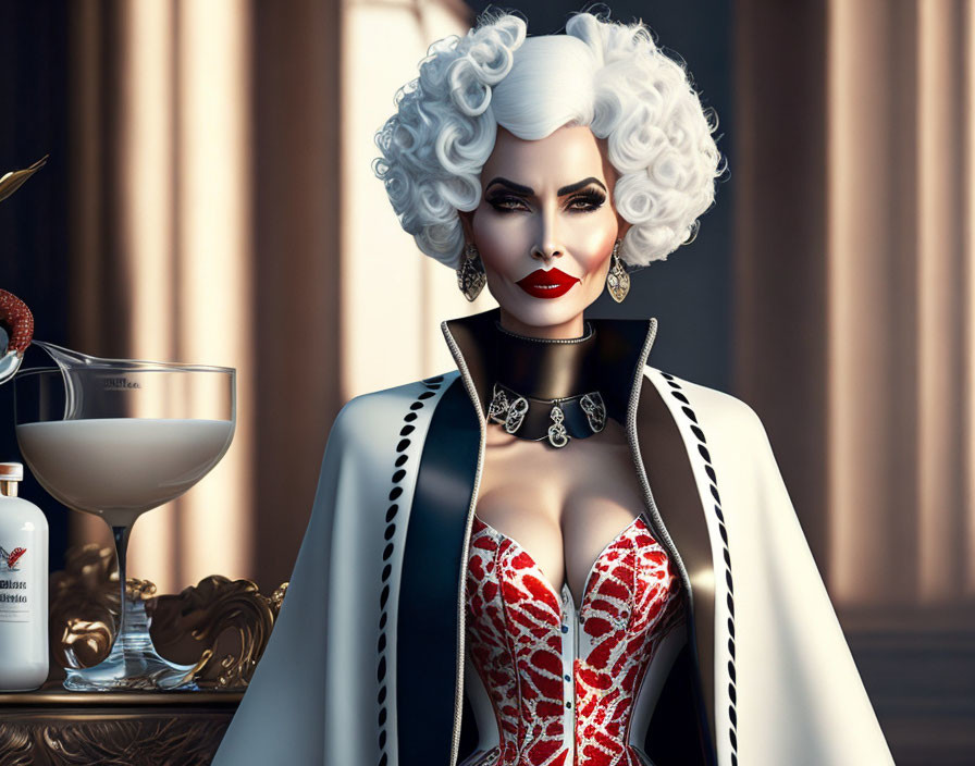 Stylized 3D portrait of a woman in extravagant attire