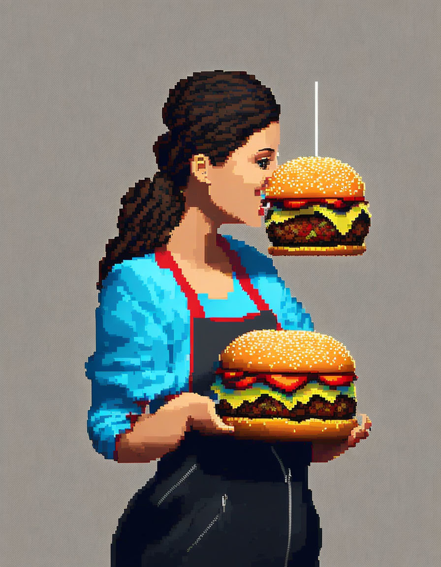 Detailed Pixel Art of Woman Holding Two Hamburgers