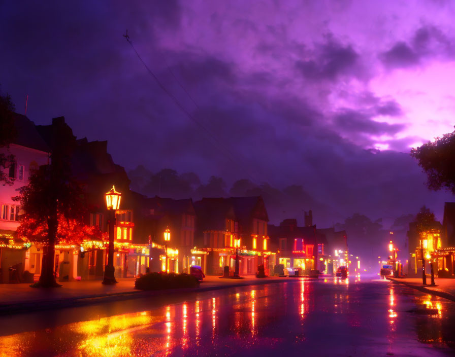 Twilight scene of rain-soaked street with glowing shopfronts and street lamps reflecting on wet pavement