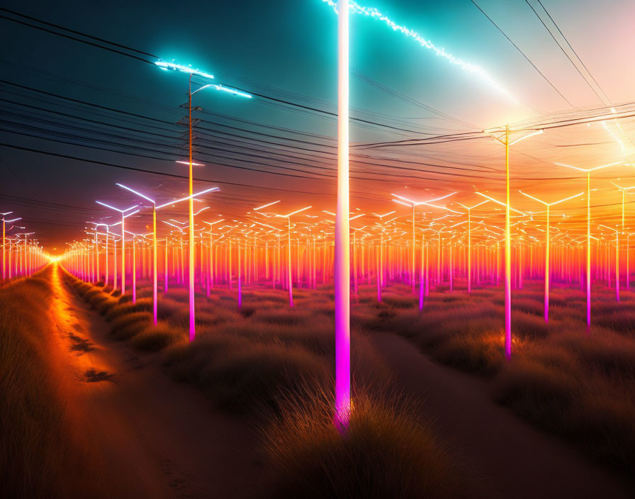 Vibrant neon light beams in surreal dusk landscape