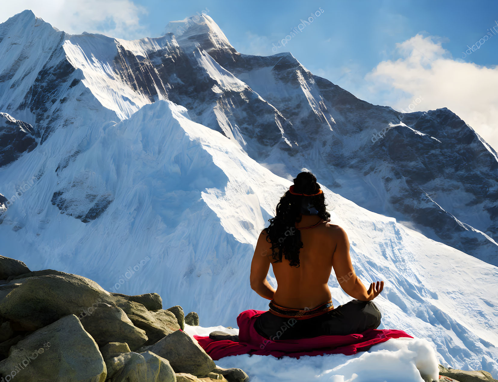 Person meditating in lotus pose on snowy mountaintop under warm sun