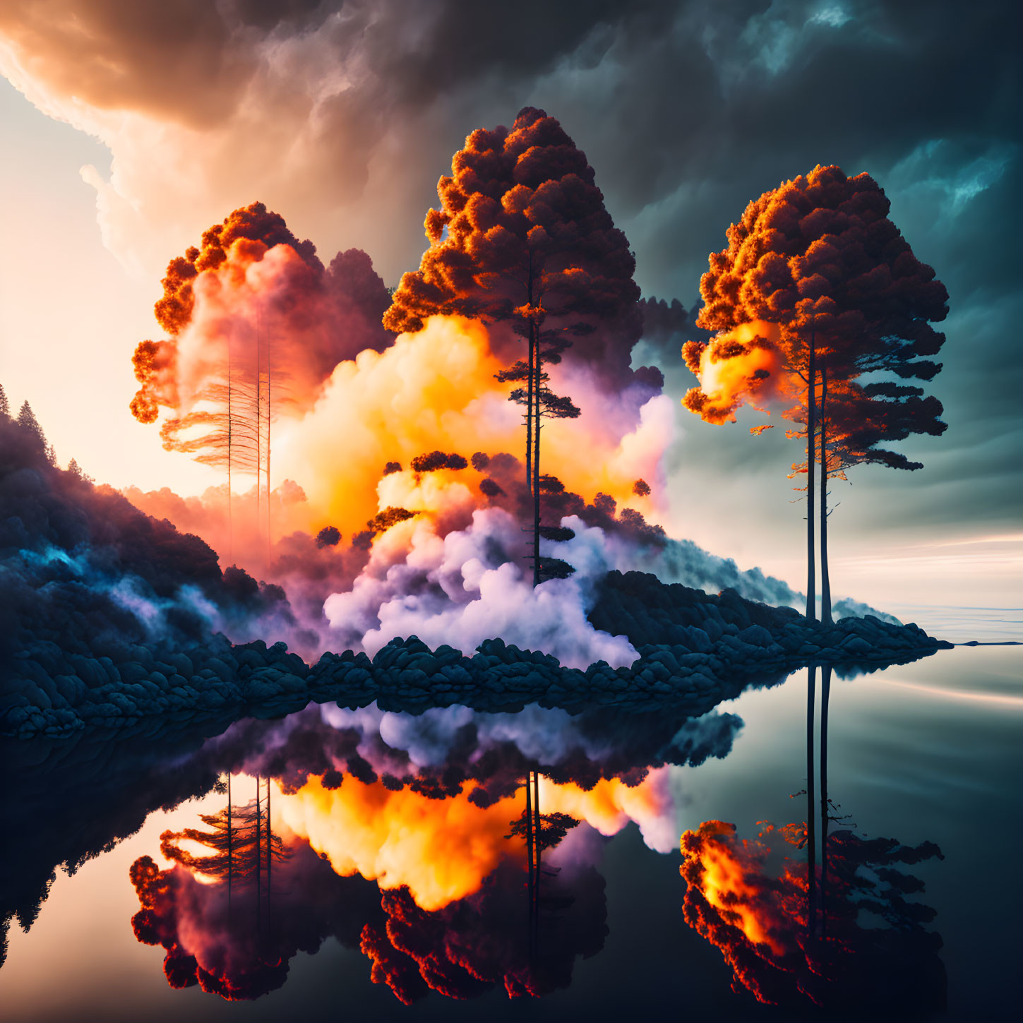 Scenic sunset reflection with pine tree silhouettes in misty sky