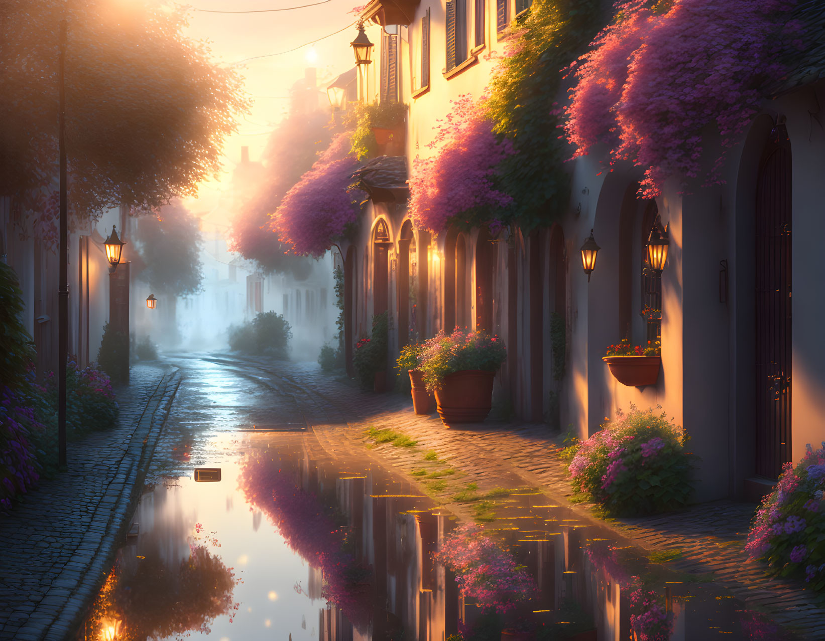 Tranquil cobblestone street with vibrant wisteria and warm sunlight