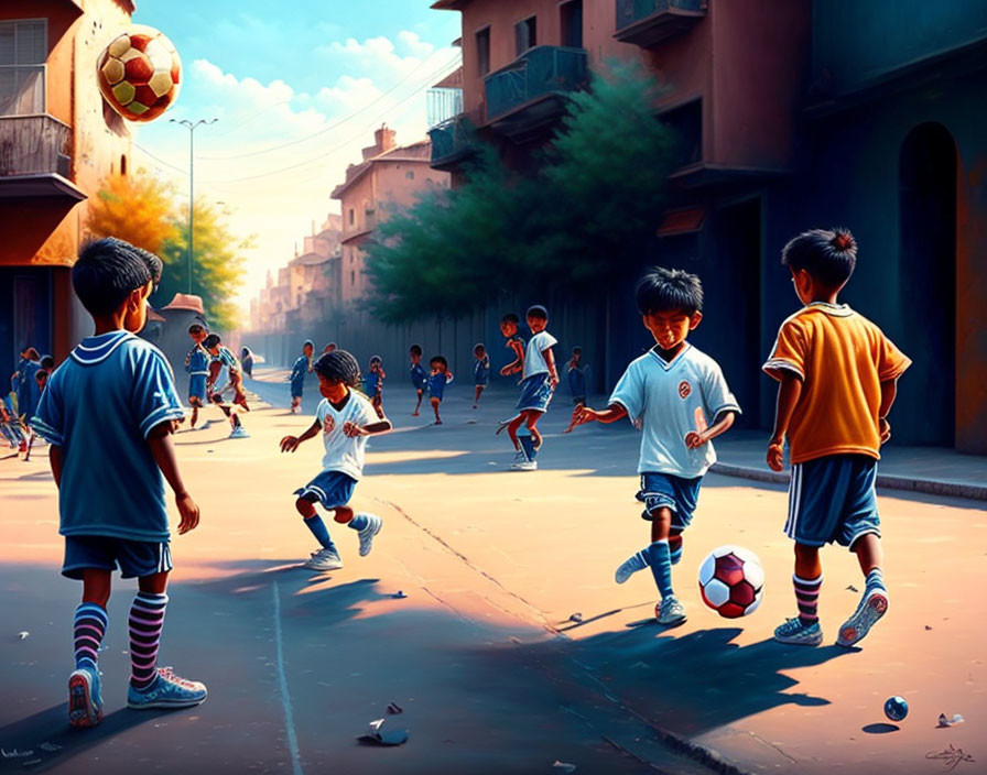 Kids playing soccer in jerseys under sunlight on street, ball mid-air